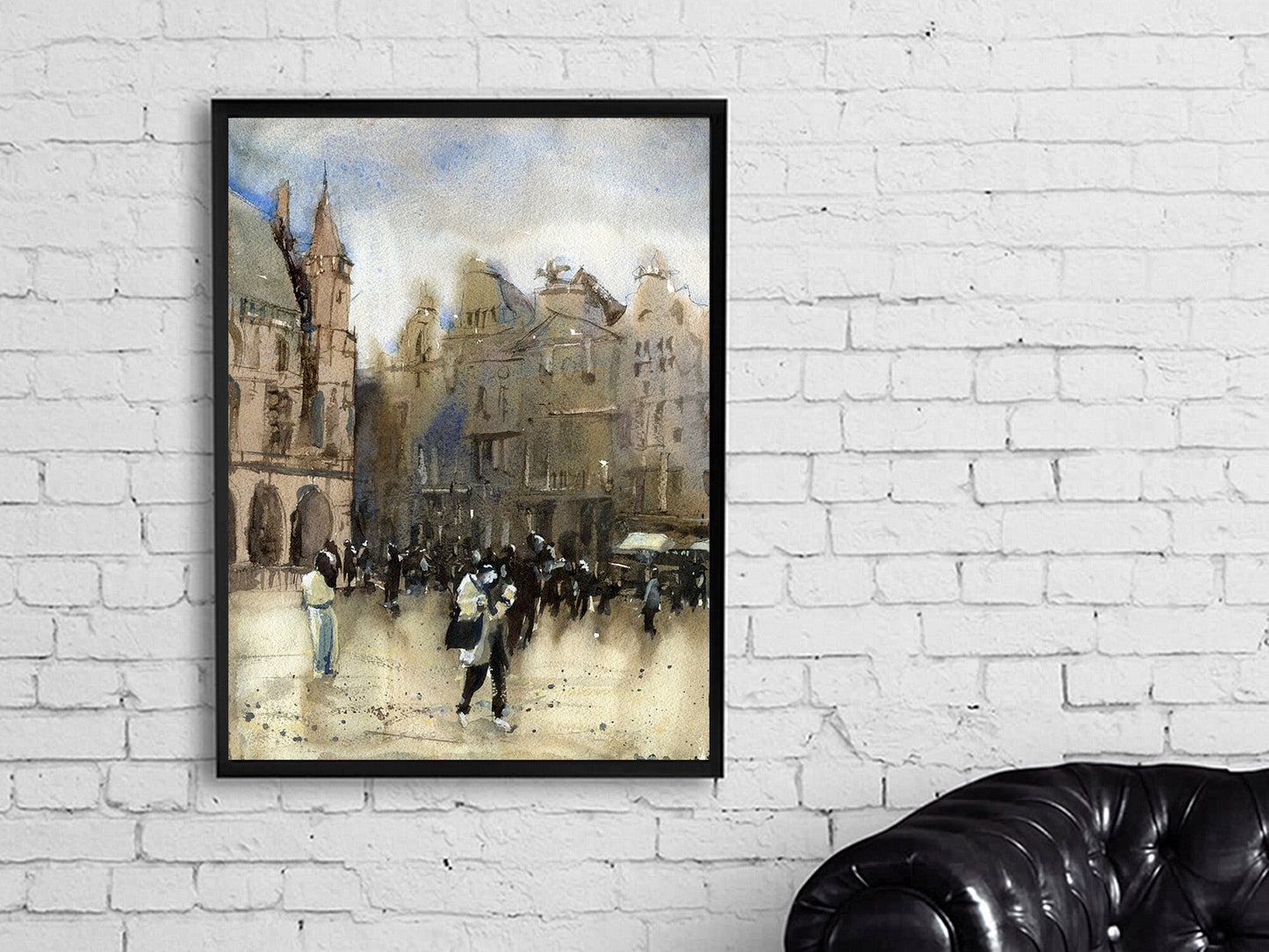 Grand Place of Brussels in downtown Brussels illuminated at night. Brussels artwork watercolor painting fine art Brussels skyline (print)