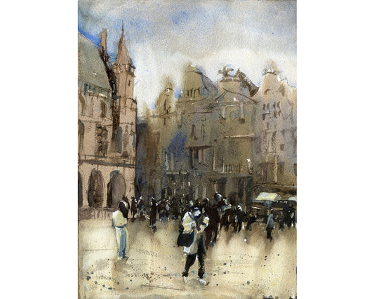 Grand Place of Brussels in downtown Brussels illuminated at night. Brussels artwork watercolor painting fine art Brussels skyline (print)