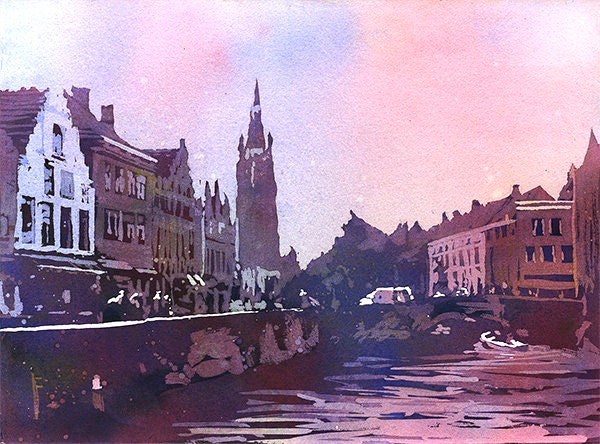 Church rising over medieval buildings of Bruges, Belgium at Jan Van Eyck Square.  Watercolor painting of Bruges Belgium art watercolor blue (print)