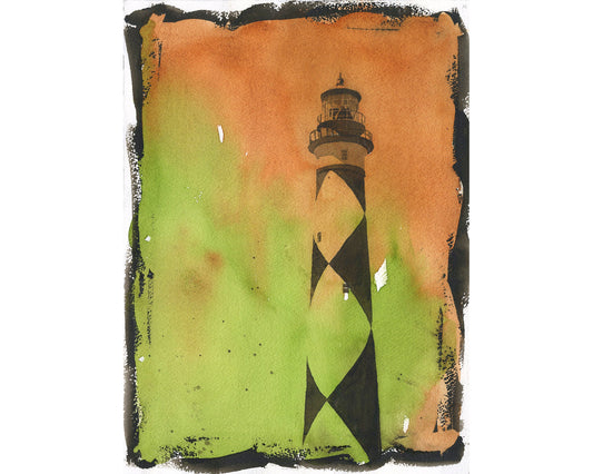 Cape Lookout lighthouse on the Outer Banks, North Carolina.  Watercolor painting of Cape Lookout lighthouse beach artwork (print)