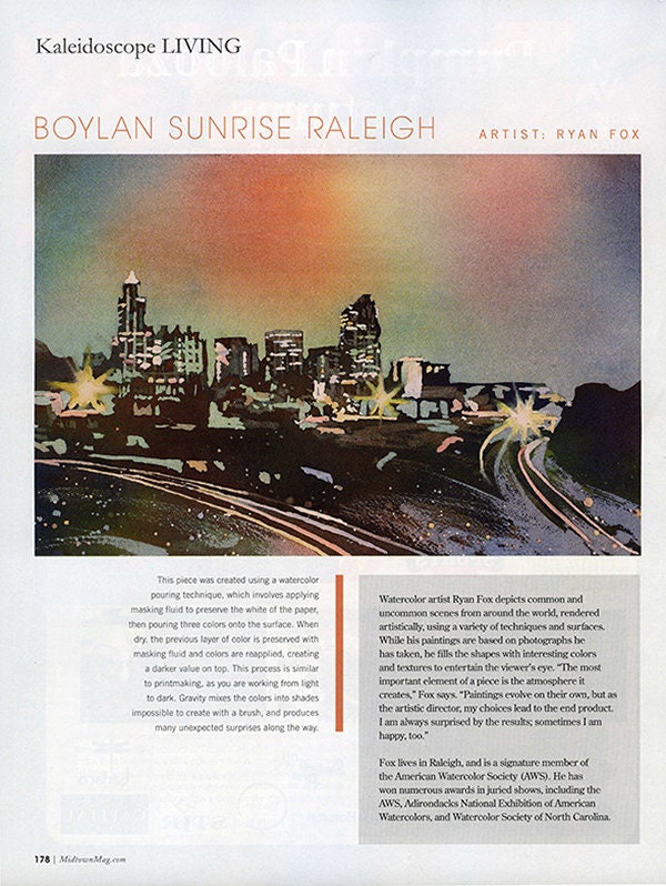 Raleigh skyline at sunrise-  fine art watercolor painting.  Raleigh skyline watercolor painting fine art giclee downtown Raleigh skyline