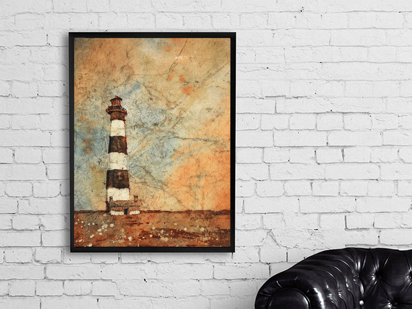 Painting of Bodie Island lighthouse at sunset in the Outer Banks (OBX) of North Carolina- USA.  Watercolor batik art lighthouse decor (print)