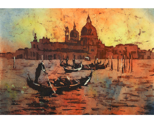 Watercolor art capturing the magic of Venice at night with gondola and Santa Maria della Salute.