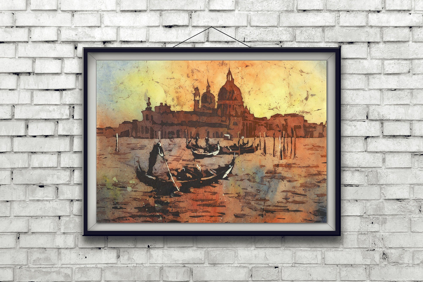 Venice gondolier and church of Santa Maria Maggiore silhouetted at dusk in Venice, Italy.  Watercolor batik painting fine art Italy (print)