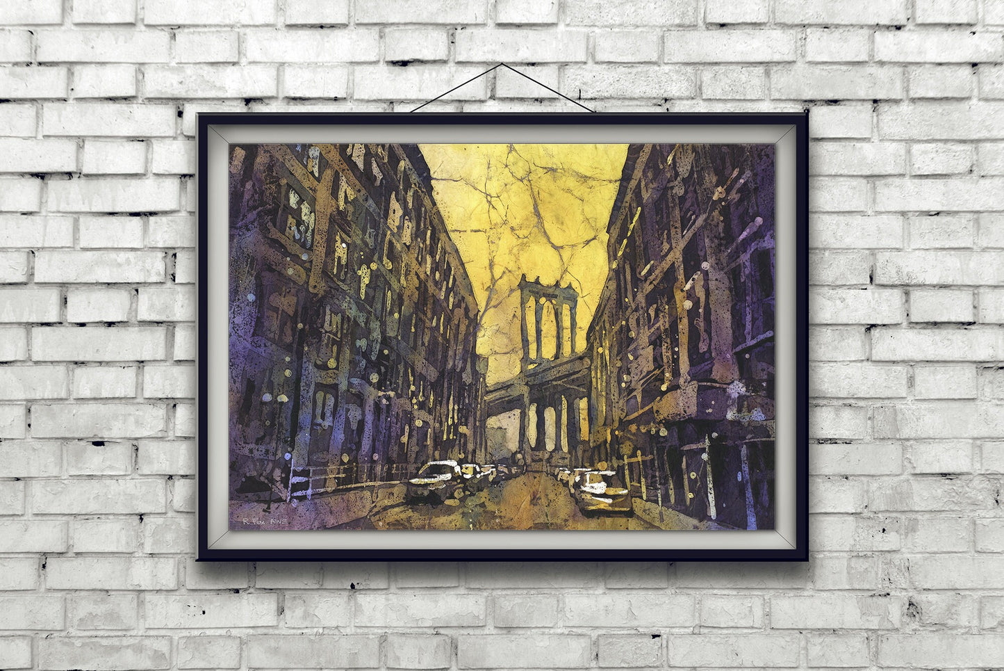 Watercolor painting of the Brooklyn Bridge as viewed from Brooklyn- New York City, NY (USA).  NYC fine art painting batik Manhattan Bridge