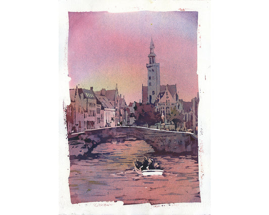 Iglesia que se eleva sobre edificios medievales de Brujas, Bélgica, en la plaza Jan Van Eyck. Pintura en acuarela del arte de Brujas Bélgica (impresión)