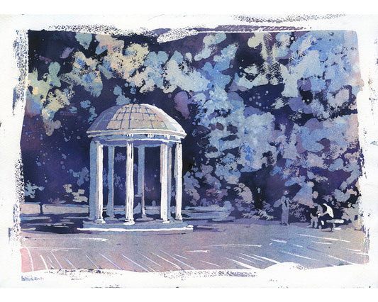 A fine art watercolor painting of the UNC Old Well in Chapel Hill, NC, with soft pastel tones and historic architectural detail—perfect for university home decor or a graduation gift (print).