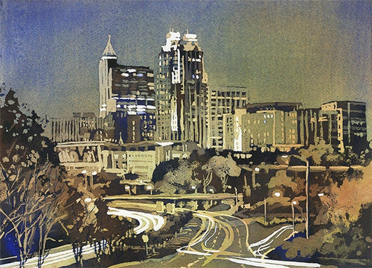 Skyline of downtown Raleigh, NC at sunrise.  Watercolor painting Raleigh skyline NC downtown home decor Raleigh art green blue artwork