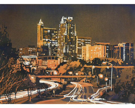 Raleigh skyline art.  Sunset Raleigh skyline. Watercolor Raleigh skyline watercolor painting home decor NC Raleigh downtown (original art)