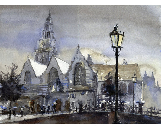 Iglesia vieja en Amsterdam. Pintura en acuarela de la iglesia de Amsterdam- Arte holandés decoración del hogar iglesia Amsterdam Países Bajos pintura arte (impresión)