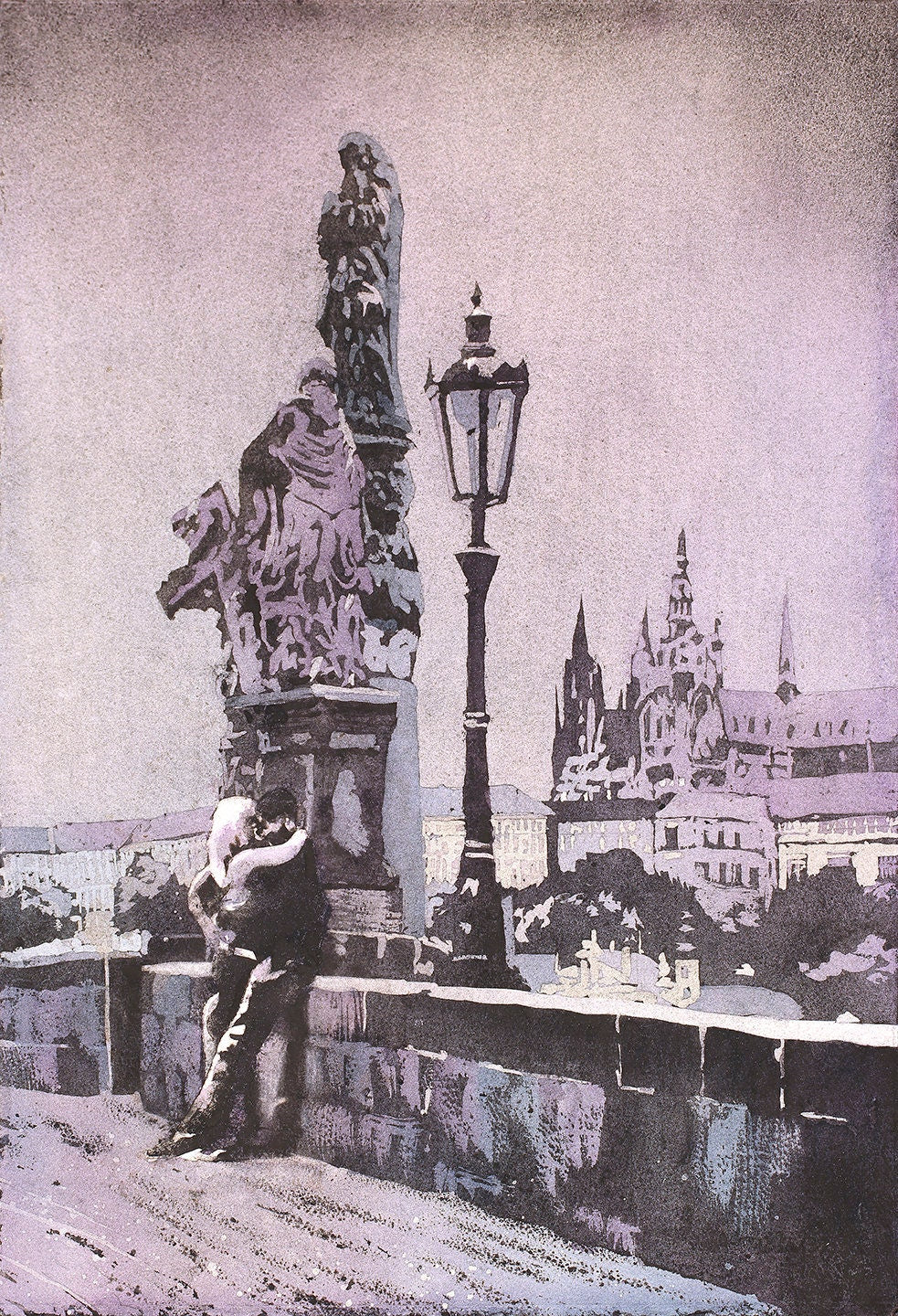 Couple kissing on Charles Bridge with Prague Castle in background- Czech Republic.  Prague artwork Charles Bridge painting (print)