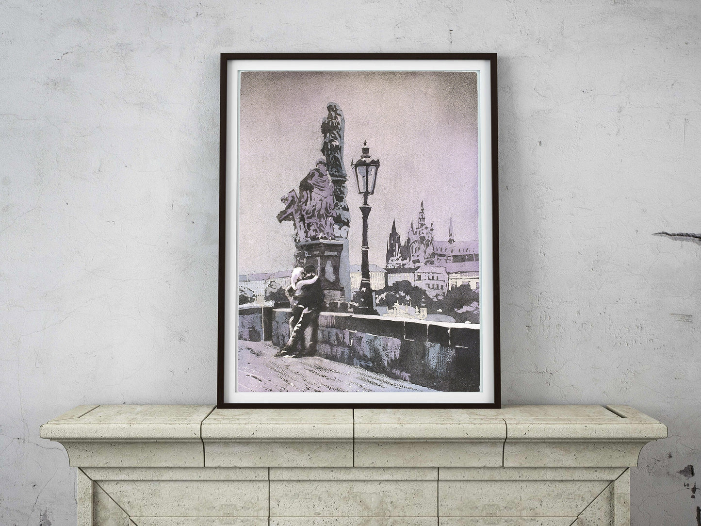 Couple kissing on Charles Bridge with Prague Castle in background- Czech Republic.  Prague artwork Charles Bridge painting (print)