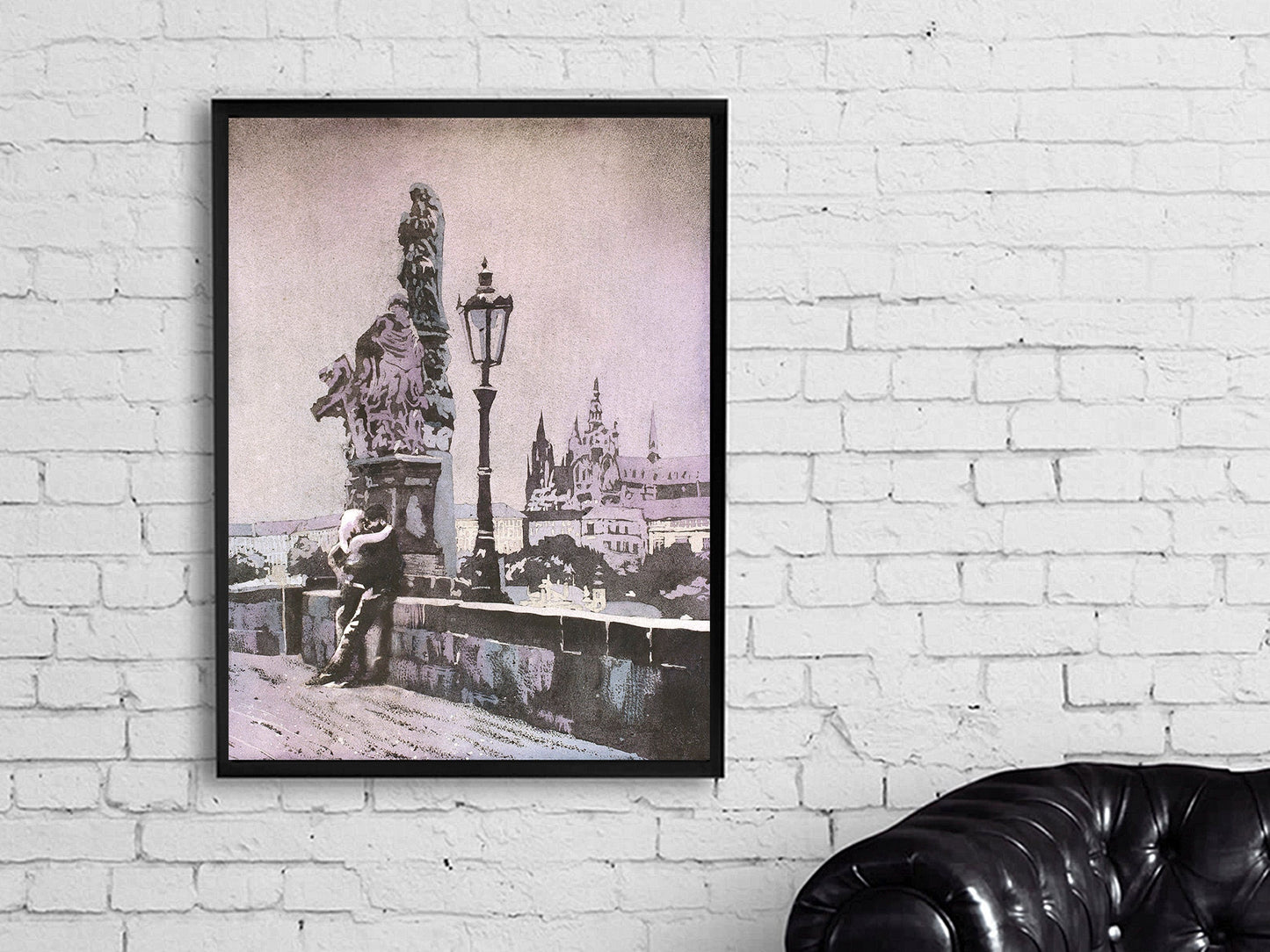 Couple kissing on Charles Bridge with Prague Castle in background- Czech Republic.  Prague artwork Charles Bridge painting (print)