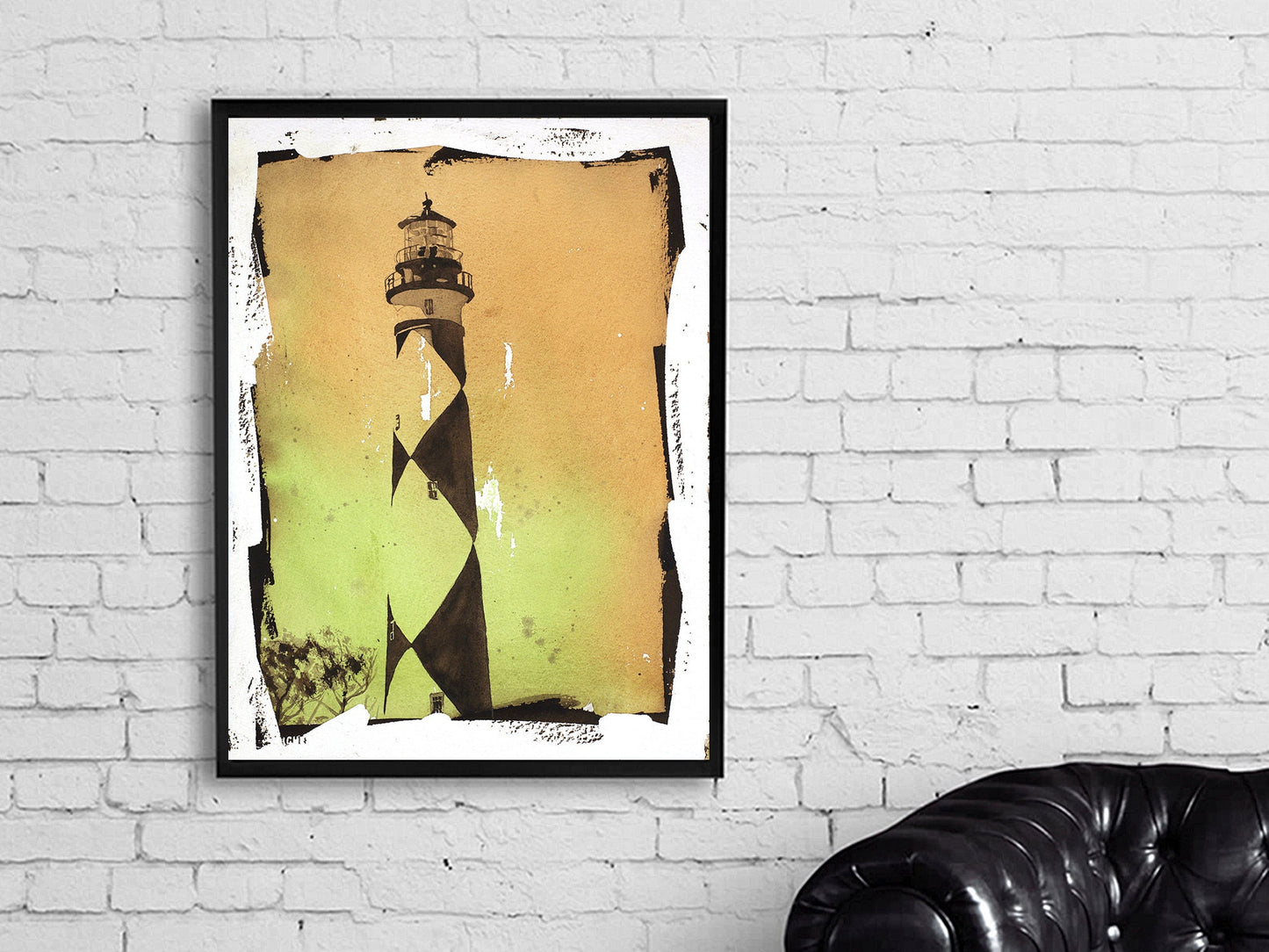 Painting of Cape Lookout lighthouse w/ faux photo border- Outer Banks, North Carolina.  Cape Lookout lighthouse home decor OBX painting (print)