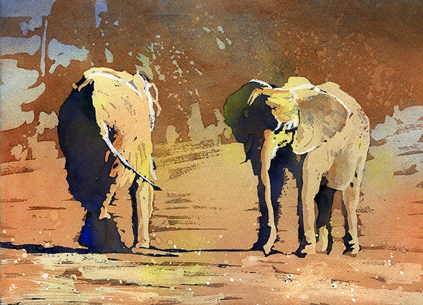 Elephants In A Field - Colorful Watercolor Paintings (prints)