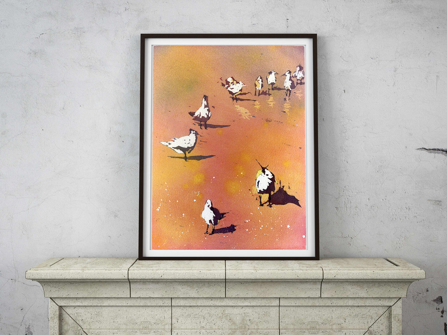 Birds on beach- colorful painting.  Watercolor painting of birds on beach in Outer Banks, North Carolina.  Bird art watercolor (print)