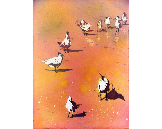 Birds on beach- colorful painting.  Watercolor painting of birds on beach in Outer Banks, North Carolina.  Bird art watercolor (print)