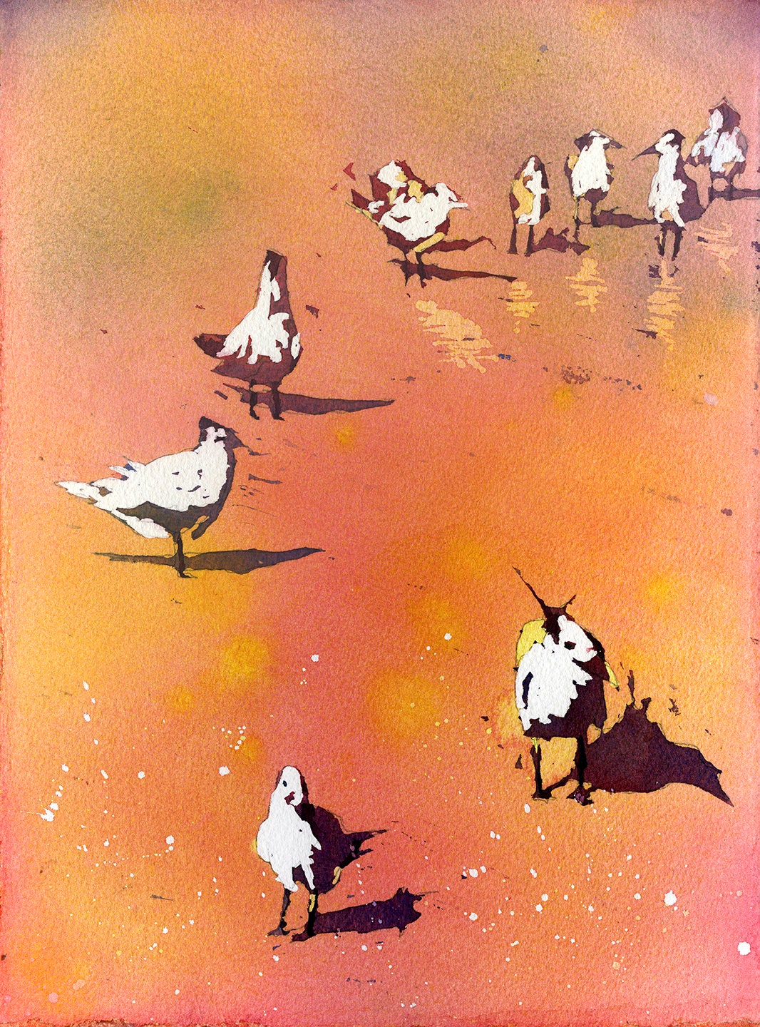 Birds on beach- colorful painting.  Watercolor painting of birds on beach in Outer Banks, North Carolina.  Bird art watercolor (print)