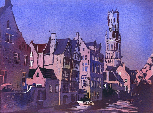 Bruges Belgium medieval bell tower in the centre of Bruges, Belgium.  Watercolor painting of Bruges church art Europe Bruges home decor (print)