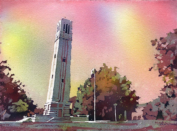 Watercolor painting of the North Carolina Statue University (NCSU) Bell-Tower in Raleigh, NC at dusk.