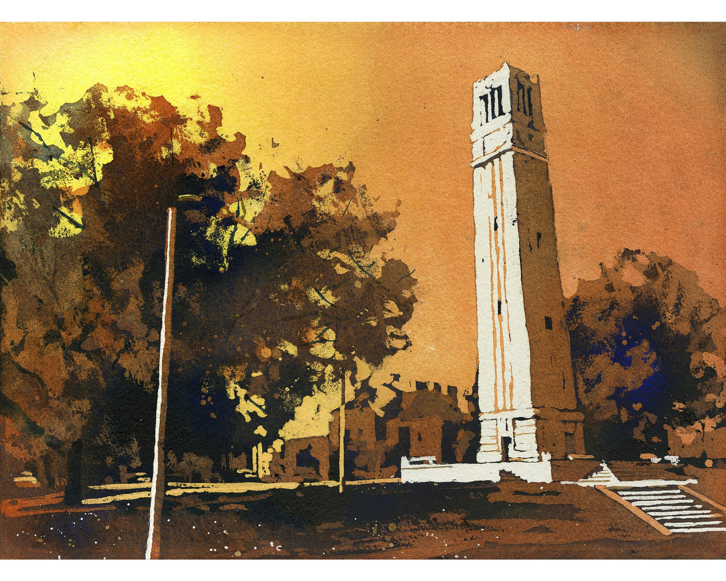 Watercolor painting of the North Carolina Statue University (NCSU) Bell-Tower in Raleigh, NC at dusk.