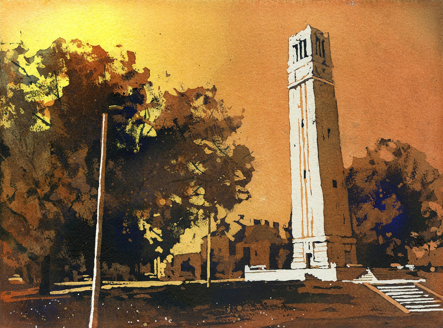 Campanario de NCSU en Raleigh, Carolina del Norte, al anochecer. NCSU obra campanario pintura naranja Estatua de Carolina del Norte Campus campanario de la Universidad Wolfpack (impresión)