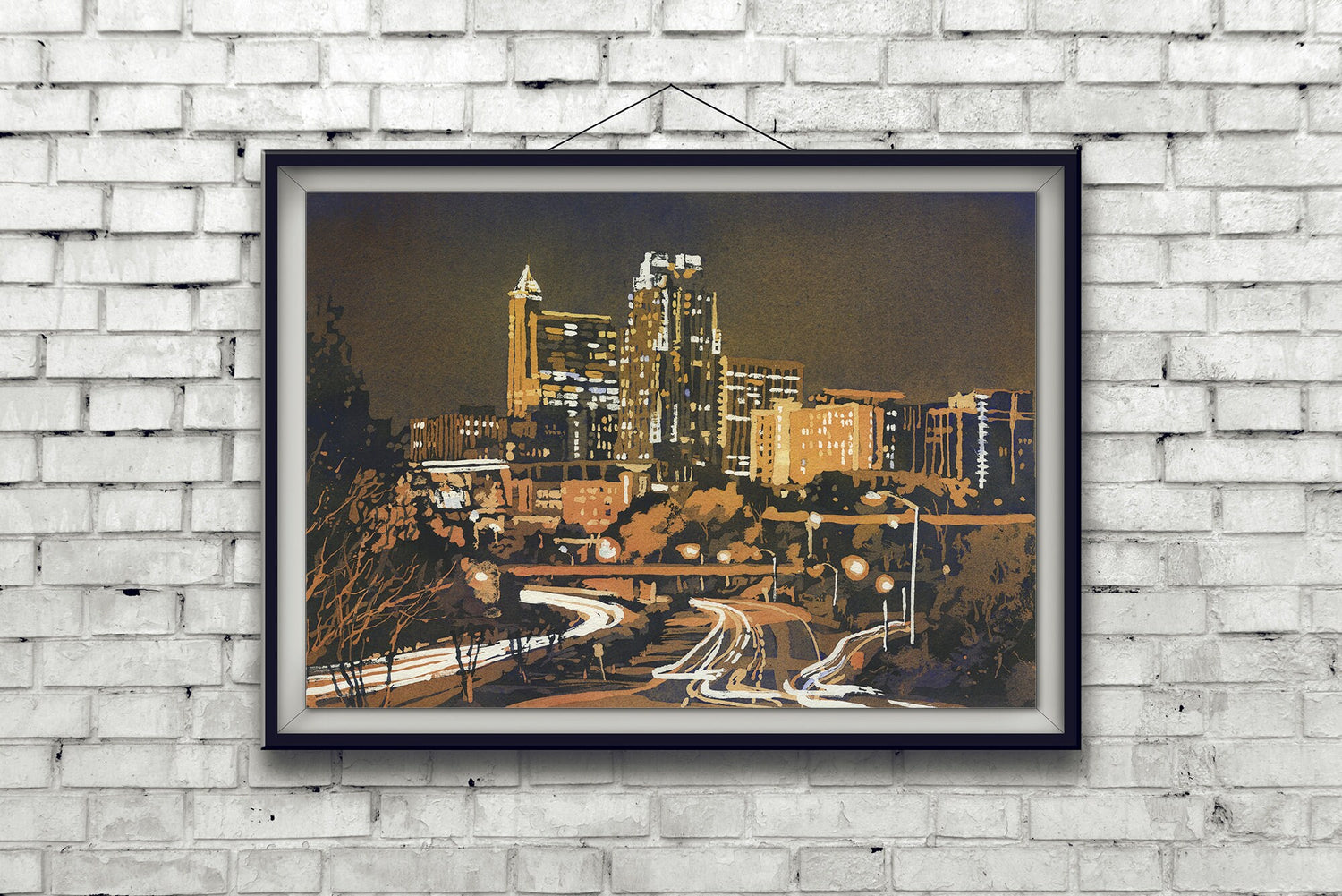 Poured watercolor painting of Raleigh downtown skyline at sunset colorful architecture print