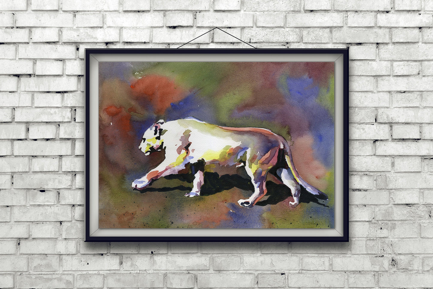Painting of mountain lion walking across ground.  Mountain lion watercolor painting fine art decor big cats North American animal watercolor (print)