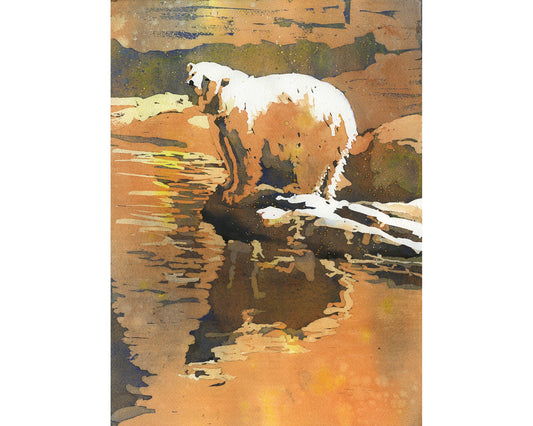 Polar bear standing on rock outside.  Fine art watercolor painting polar bear artwork orange decor landscape watercolor giclee bear artwork (print)