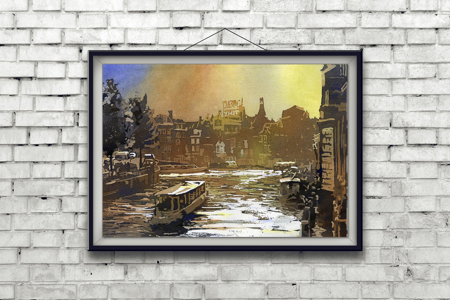Sunset over canals of Old Amsterdam.  Watercolor painting of gabled facades of old architecture in central Amsterdam watercolor painting