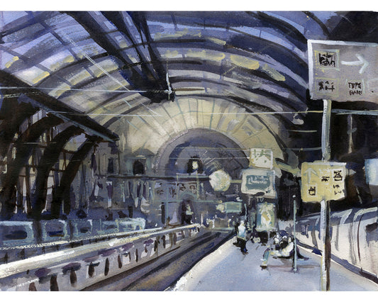 Painiting of elaborate interior of Antwerpen Centraal Trail Station- Belgium.  Antwerp painting train station artwork Belgium watercolor