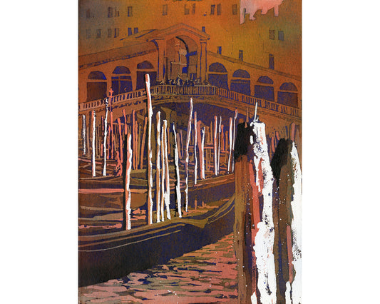 Venice, Italy fine art painting of Rialto Bridge and gondola.  Watercolor painting of Venice red artwork gondola Italy Venice artwork giclee