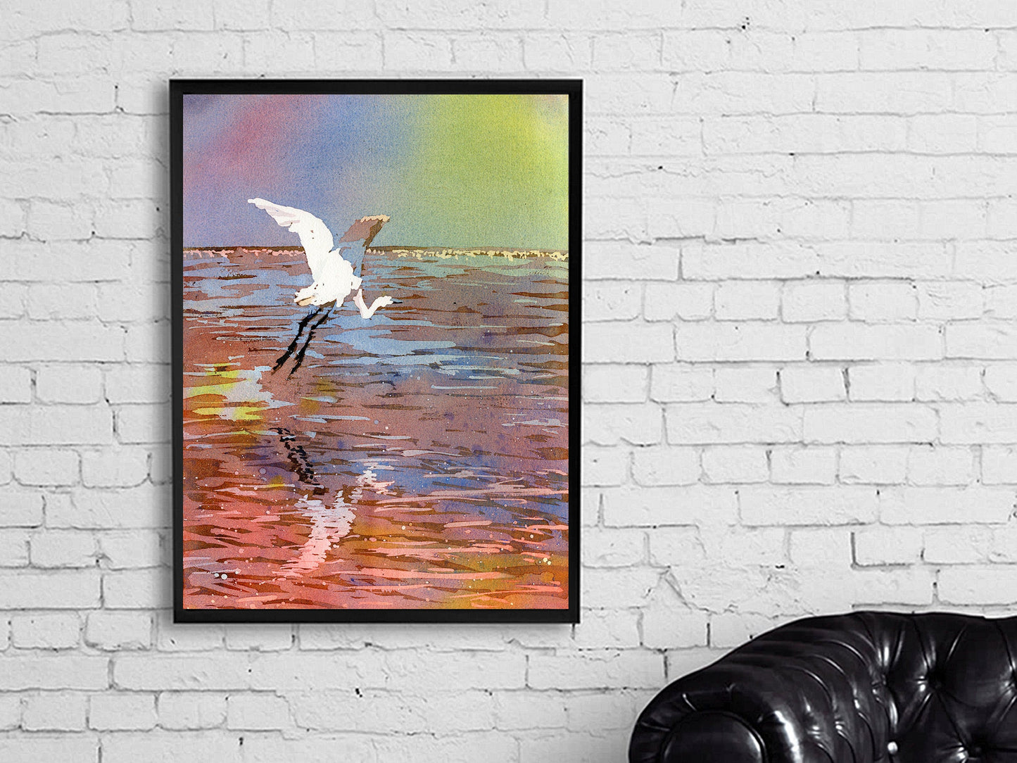 Jamaican crane flying over water in Montego Bay.  Watercolor painting crane art bird Jamaica.  Original watercolor painting