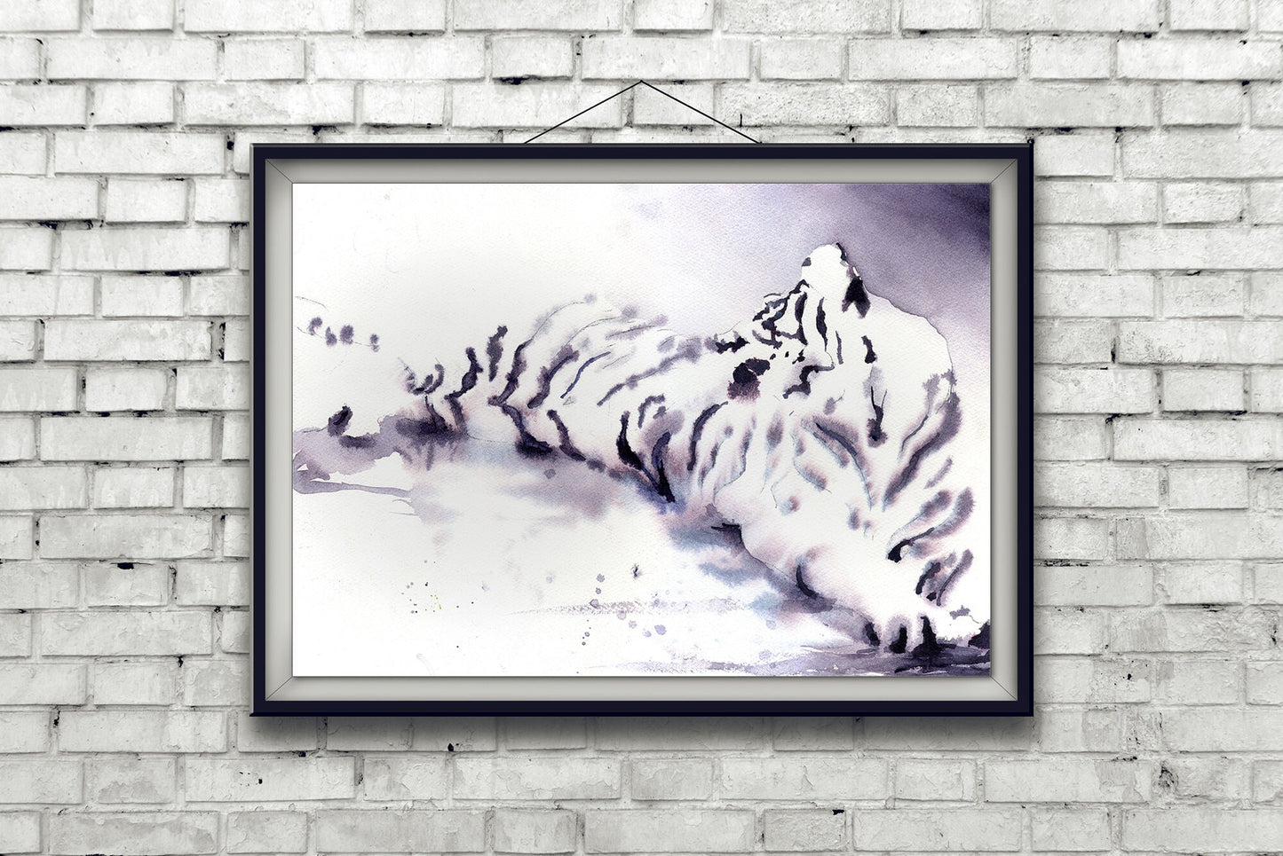 Tiger lying on ground.  Tiger art watercolor painting monochromatic African tiger artwork decor big cat painting.  Original watercolor art