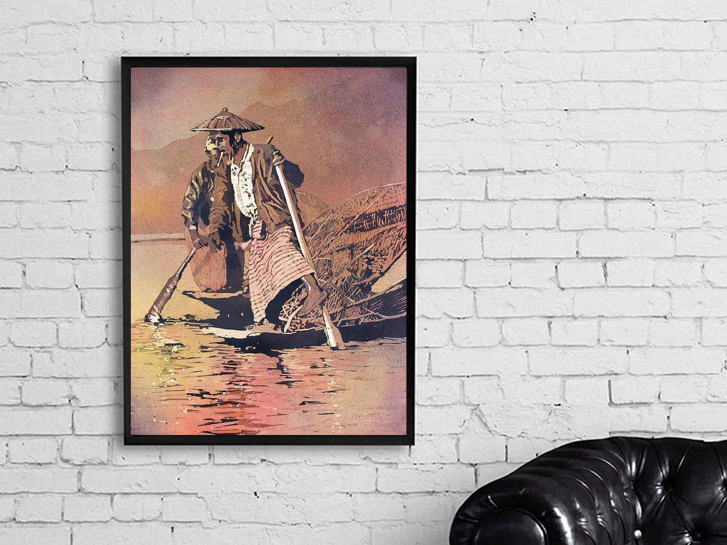 Leg-rower Intha fishermen on Inle Lake, Myanmar.  Watercolor painting of Inta Fishermen on Inle Lake, Burma artwork.  Original painting