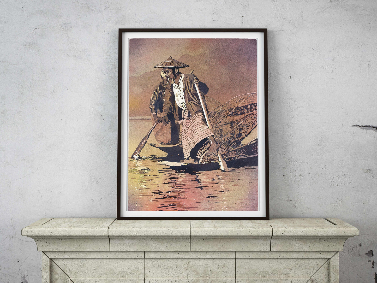 Leg-rower Intha fishermen on Inle Lake, Myanmar.  Watercolor painting of Inta Fishermen on Inle Lake, Burma artwork.  Original painting