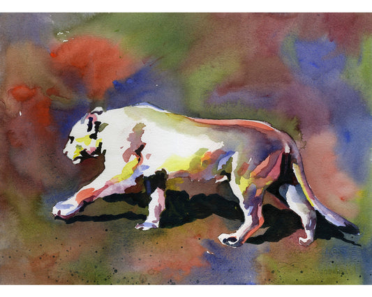 Painting of mountain lion walking across ground.  Mountain lion watercolor painting fine art decor big cats North American animal watercolor (print)