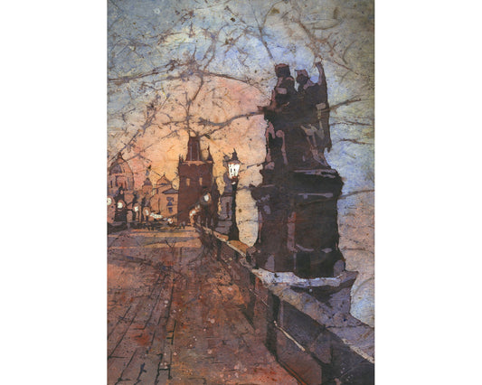 Puente de Carlos en la ciudad medieval de Praga-República Checa. Puente de Carlos de Praga acuarela batik arte bellas artes Praga decoración del hogar (impresión)