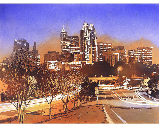 Skyline of downtown Raleigh, NC at sunrise.  Watercolor painting Raleigh fine art decor Raleigh NC painting skyline artwork Raleigh painting