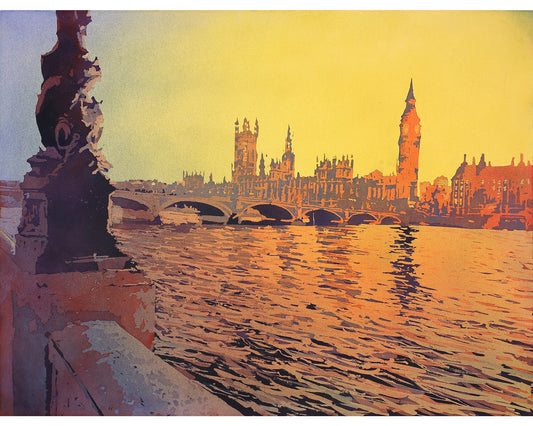 Big Ben (clock of Elizabeth Tower) of Houses of Parliament silhouetted on banks of River Thames- London, United Kingdom Big Ben (print)
