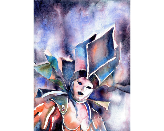 Watercolor poster of Venetian masked character, full of movement, color, and tradition.