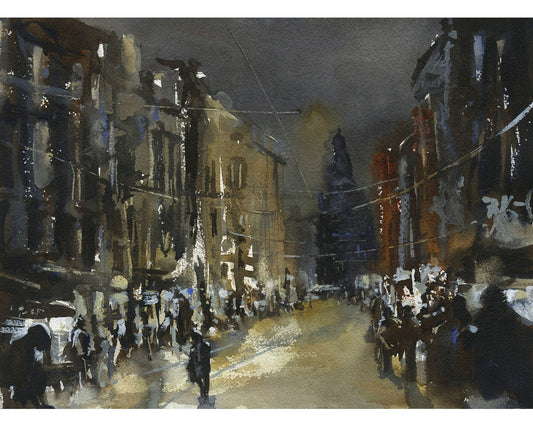 Painting of street in historic center of Amsterdam, Netherlands.  Fine art watercolor painting Amsterdam street decor painting