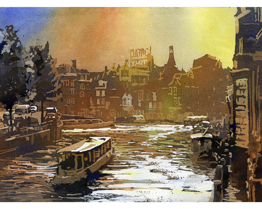 Puesta de sol sobre los canales del casco antiguo de Amsterdam. Pintura acuarela de fachadas a dos aguas de la arquitectura antigua en el centro de Amsterdam