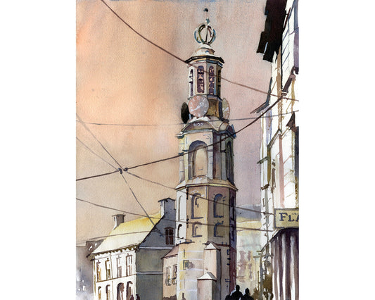 Painting of church in historic center of Amsterdam, Netherlands.  Amsterdam watercolor painting church fine art colorful painting
