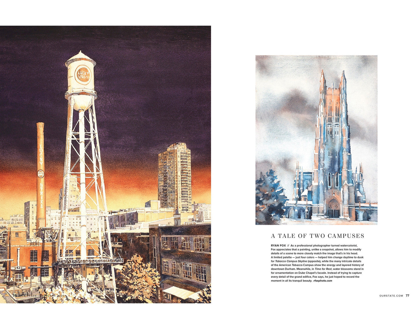 Watercolor painting of Duke Chapel and American Tobacco Campus.  Featured in Our State Magazine.  NC watercolor paintings