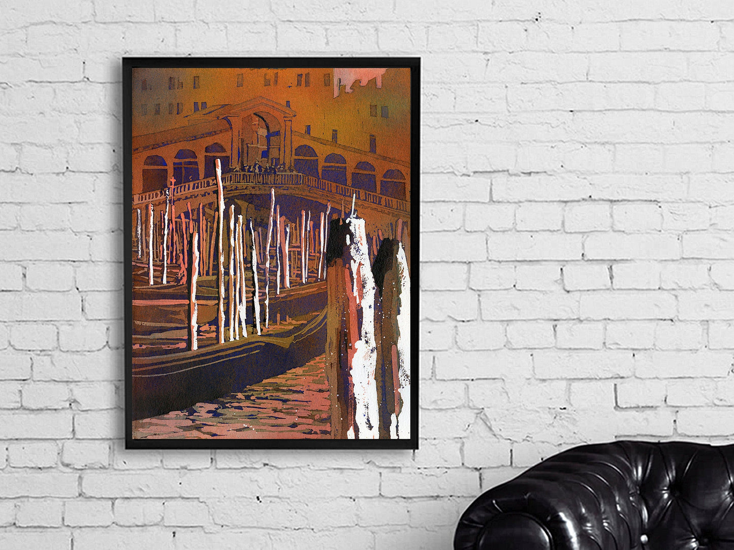 Venice, Italy fine art painting of Rialto Bridge and gondola.  Watercolor painting of Venice red artwork gondola Italy Venice artwork giclee