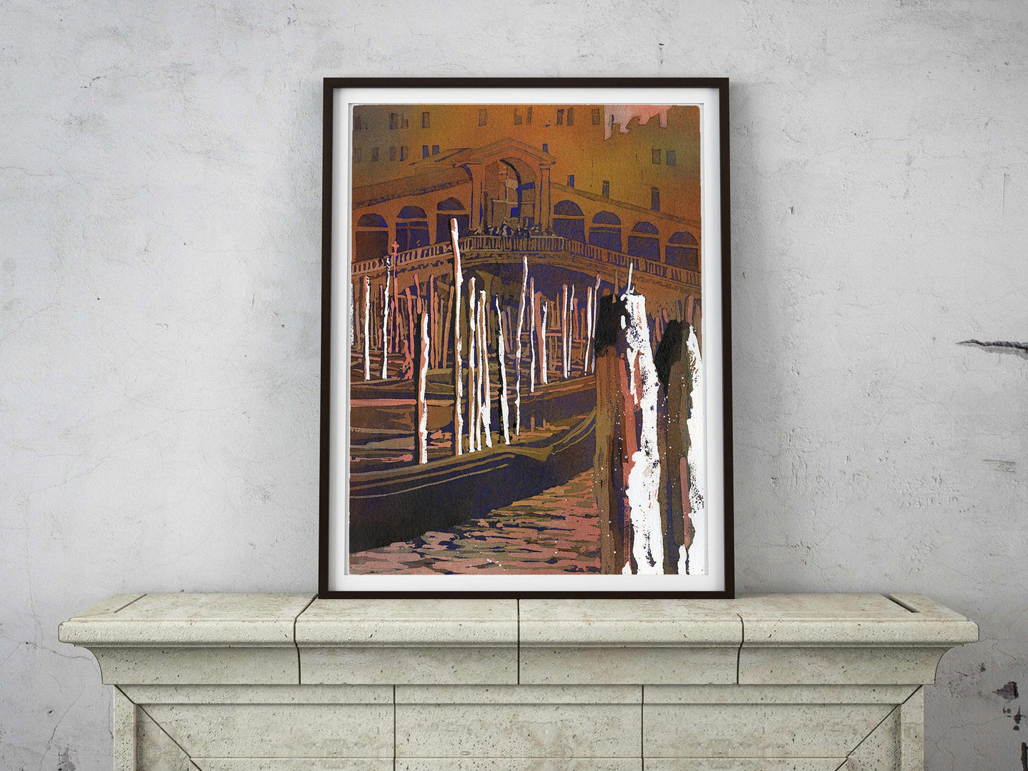 Venice, Italy fine art painting of Rialto Bridge and gondola.  Watercolor painting of Venice red artwork gondola Italy Venice artwork giclee