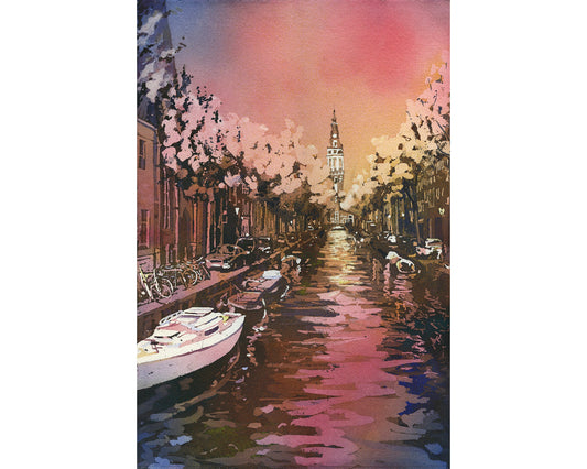 Iglesia en Ámsterdam, Países Bajos, que se eleva sobre los canales de la Ámsterdam medieval. Pintura de iglesias holandesas bellas artes Amsterdam (impresión)