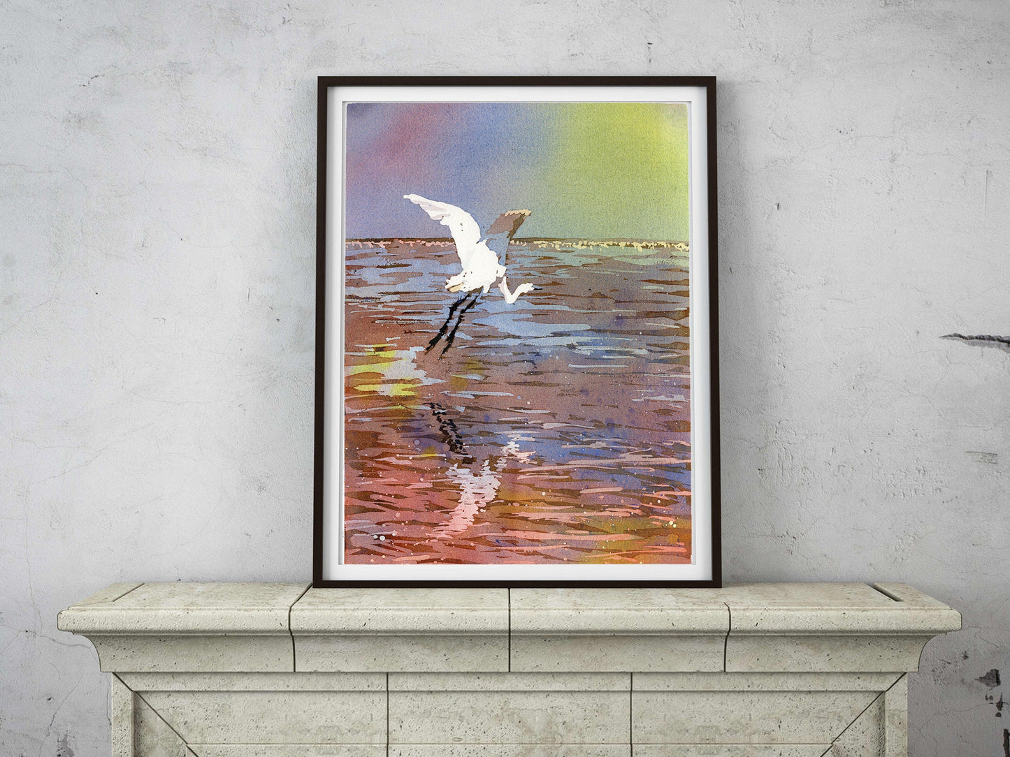 Jamaican crane flying over water in Montego Bay.  Watercolor painting crane art bird Jamaica.  Original watercolor painting