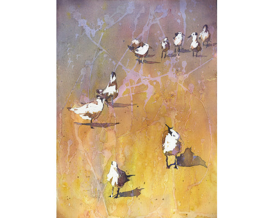 Charranes en la playa en los Outer Banks. Pintura acuarela de pájaros en la playa en Outer Banks, Carolina del Norte. Arte de aves. Acuarela original
